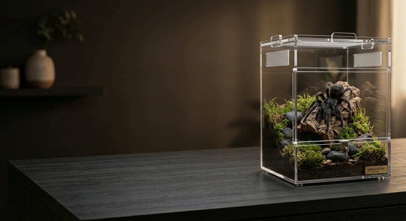 Terrario acrílico premium con tarántula sobre escritorio oscuro